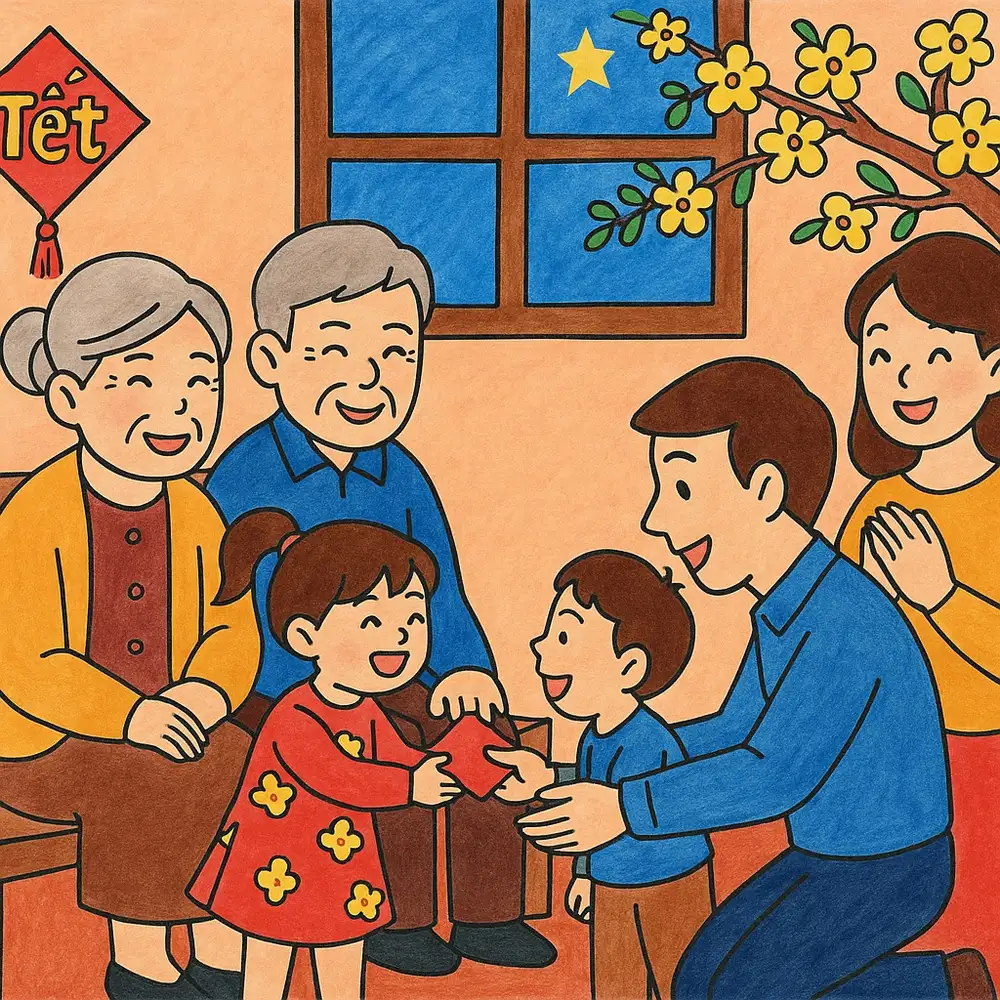 tranh vẽ gia đình cùng nhau chúc tết 