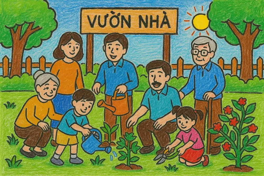 tranh vẽ gia đình sum họp. 