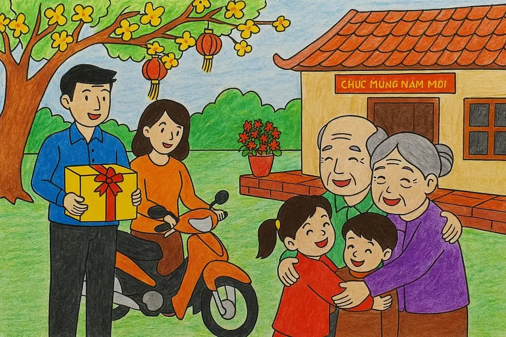 tranh vẽ gia đình 6 người đơn giản. 