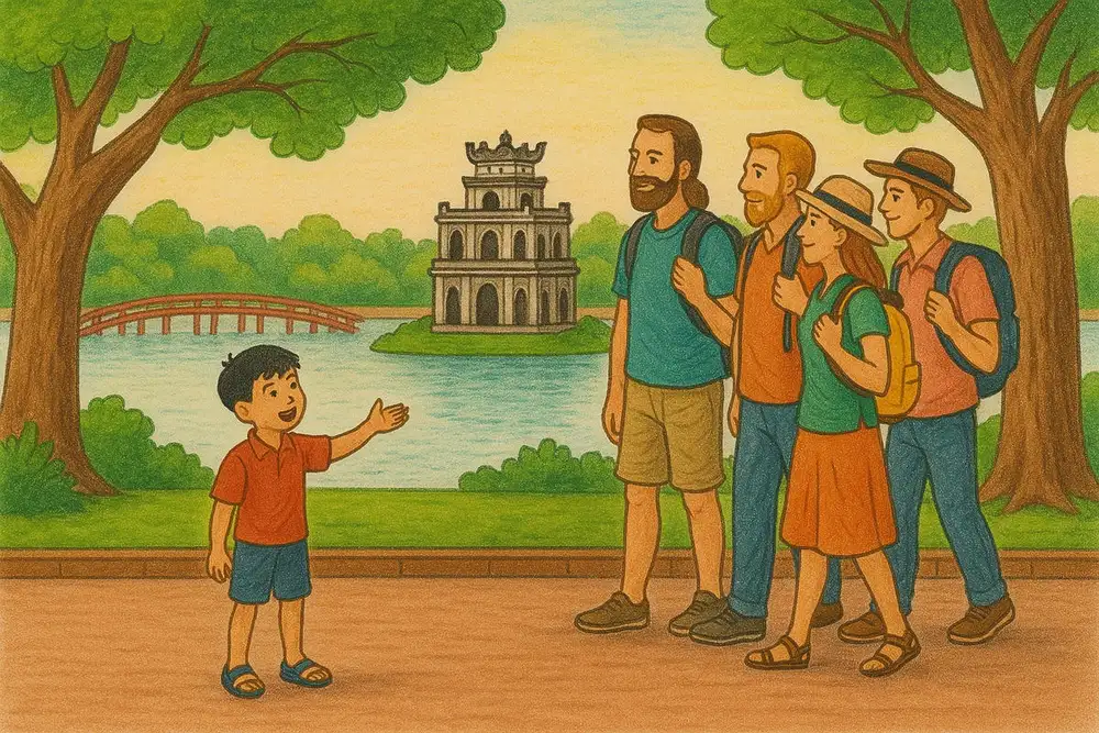 tranh vẽ hồ gươm đơn giản 