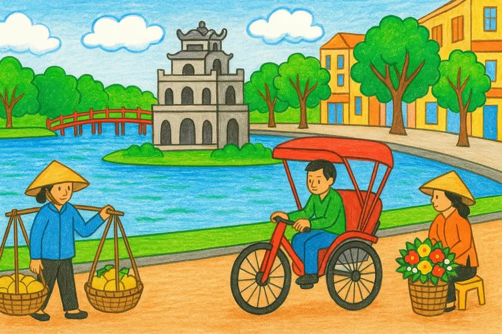tranh vẽ hồ gươm có tháp rùa 