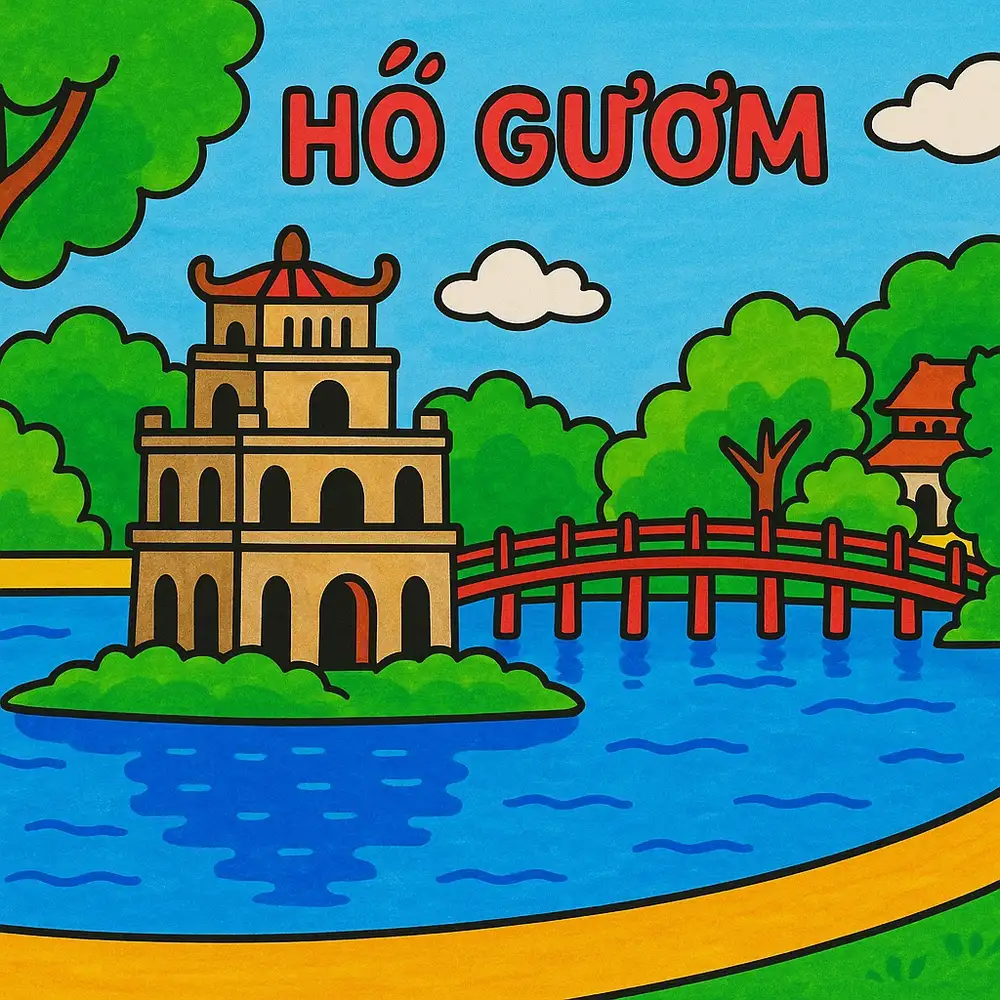 hồ gươm vẽ tranh đơn giản 
