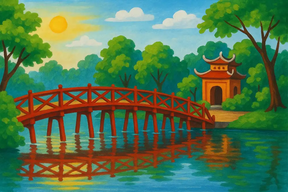 vẽ tranh hồ gươm đơn giản 
