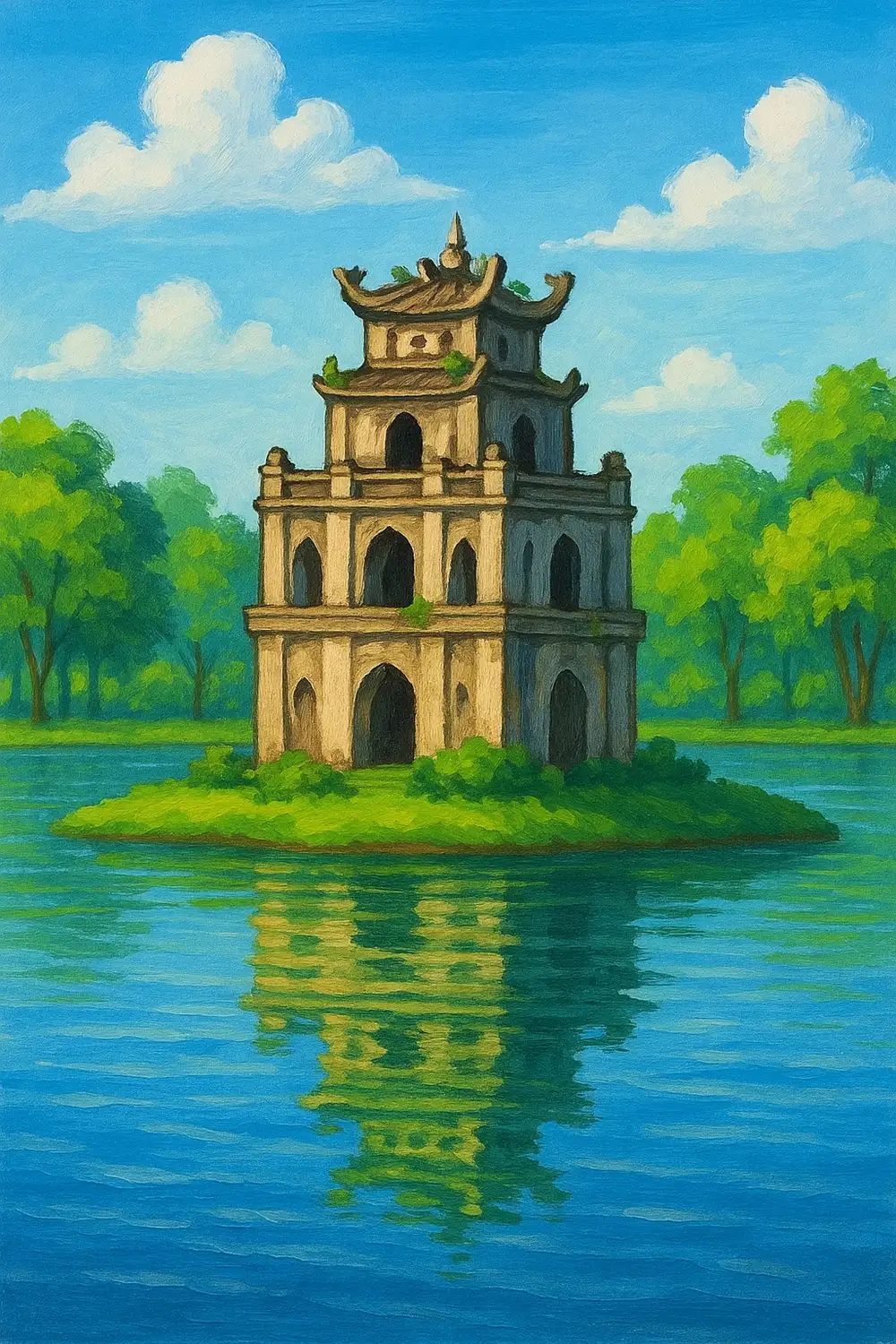 tranh vẽ tháp rùa hồ gươm 