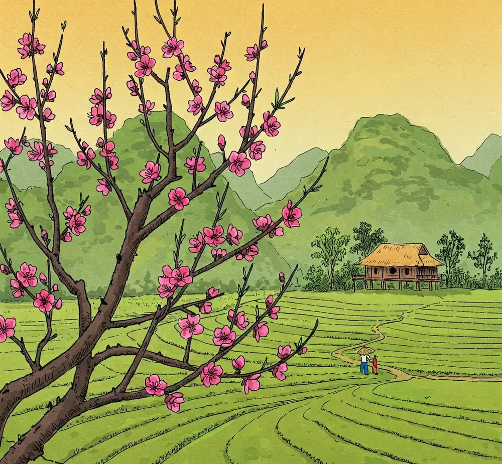 tranh vẽ hoa đào đẹp và phong cảnh 