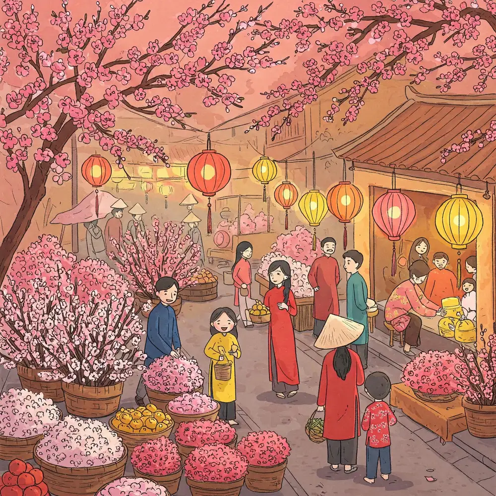 vẽ tranh hoa đào và cảnh sắc Tết 