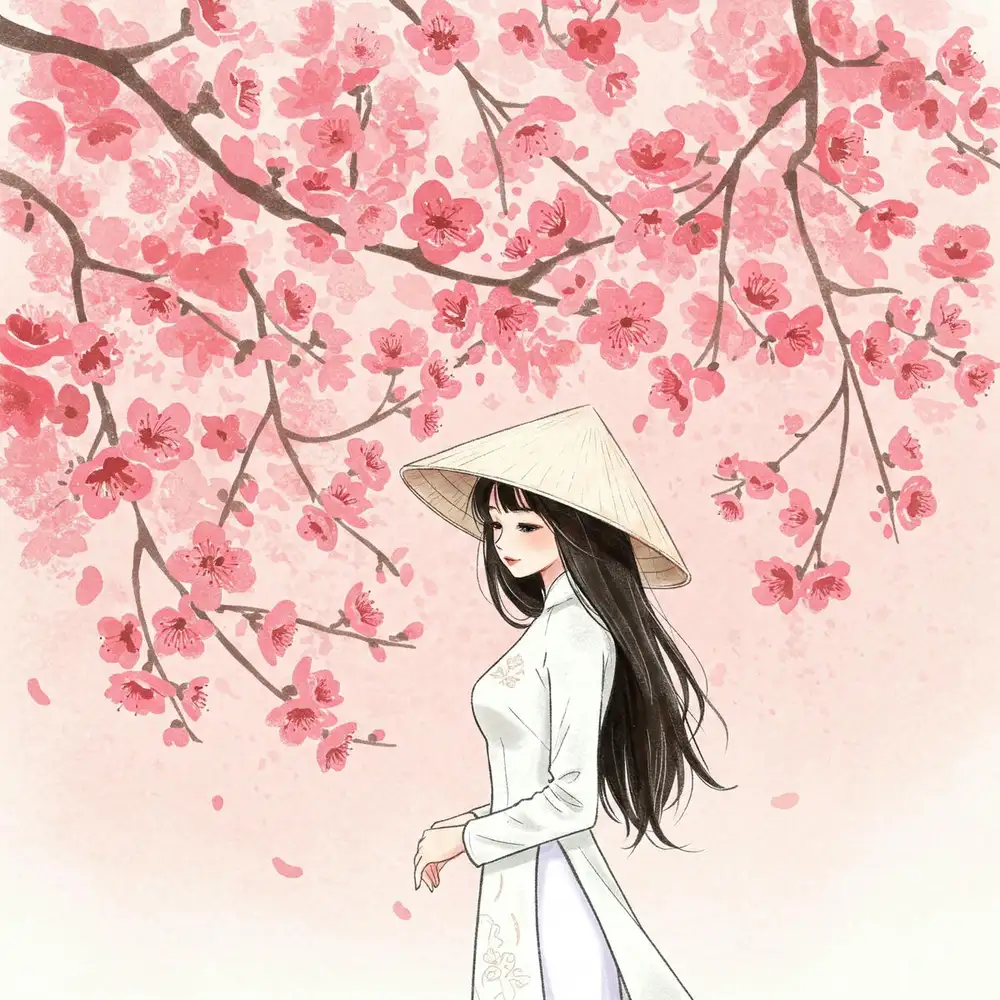 tranh vẽ hoa đào trong không gian Tết 