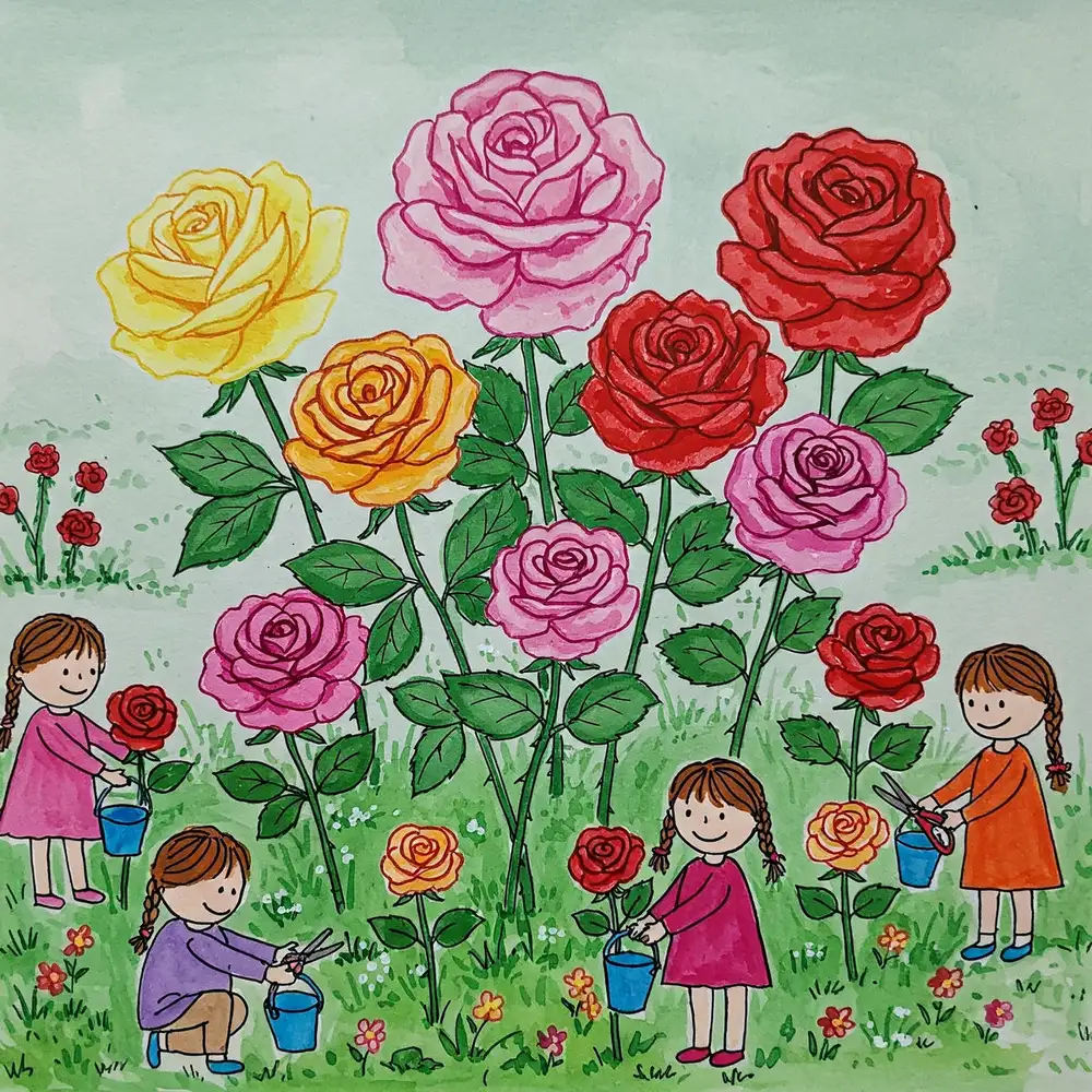 tranh vẽ vườn hoa hồng nhẹ nhàng