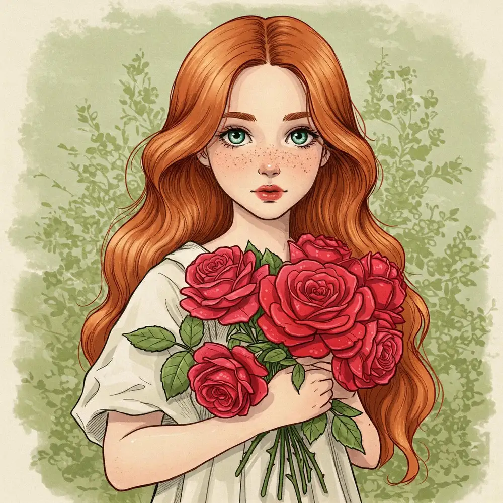 tranh vẽ cô gái và hoa hồng đẹp