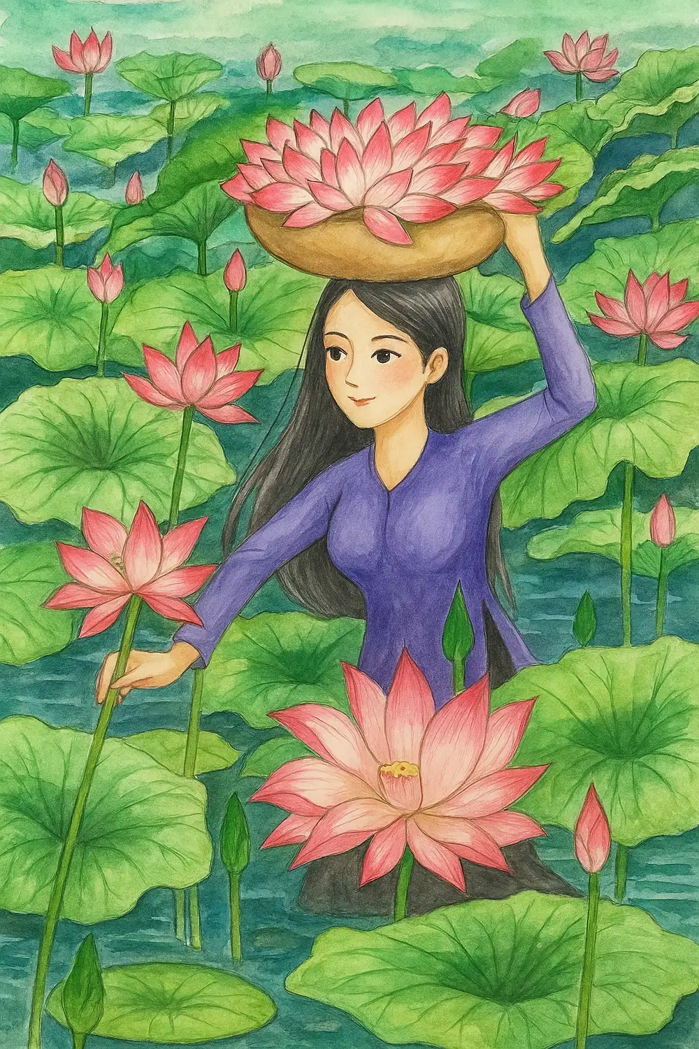 tranh vẽ hoa sen truyền thống 