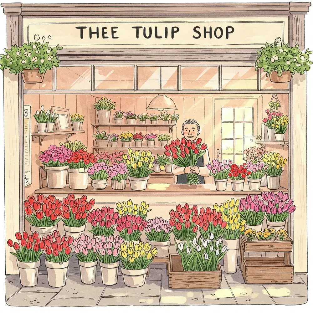 tranh vẽ cửa hàng hoa tulip