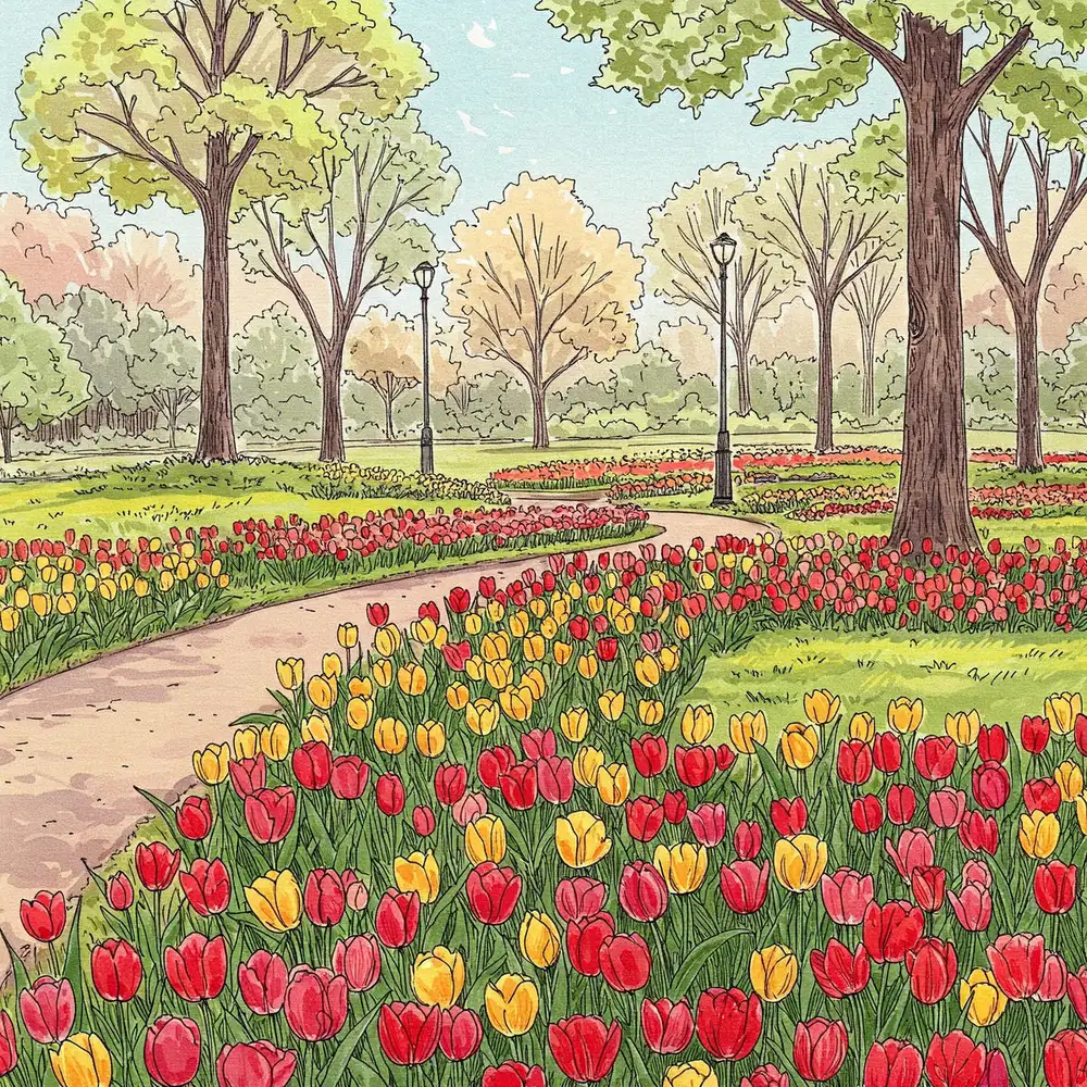 tranh vẽ vườn hoa tulip đa sắc