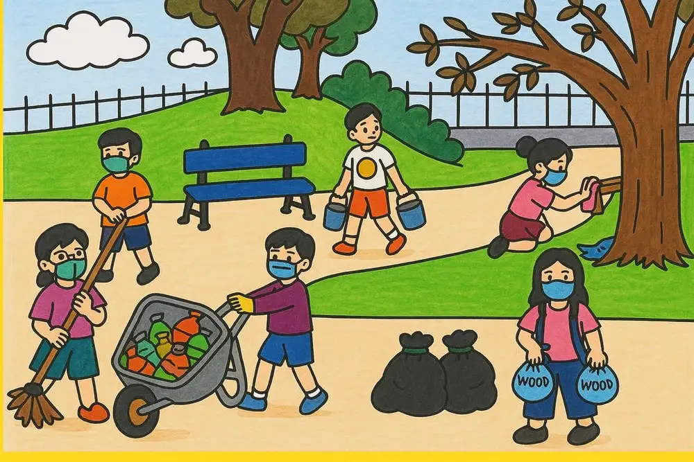 tranh vẽ tình nguyện viên giúp đỡ mọi người 
