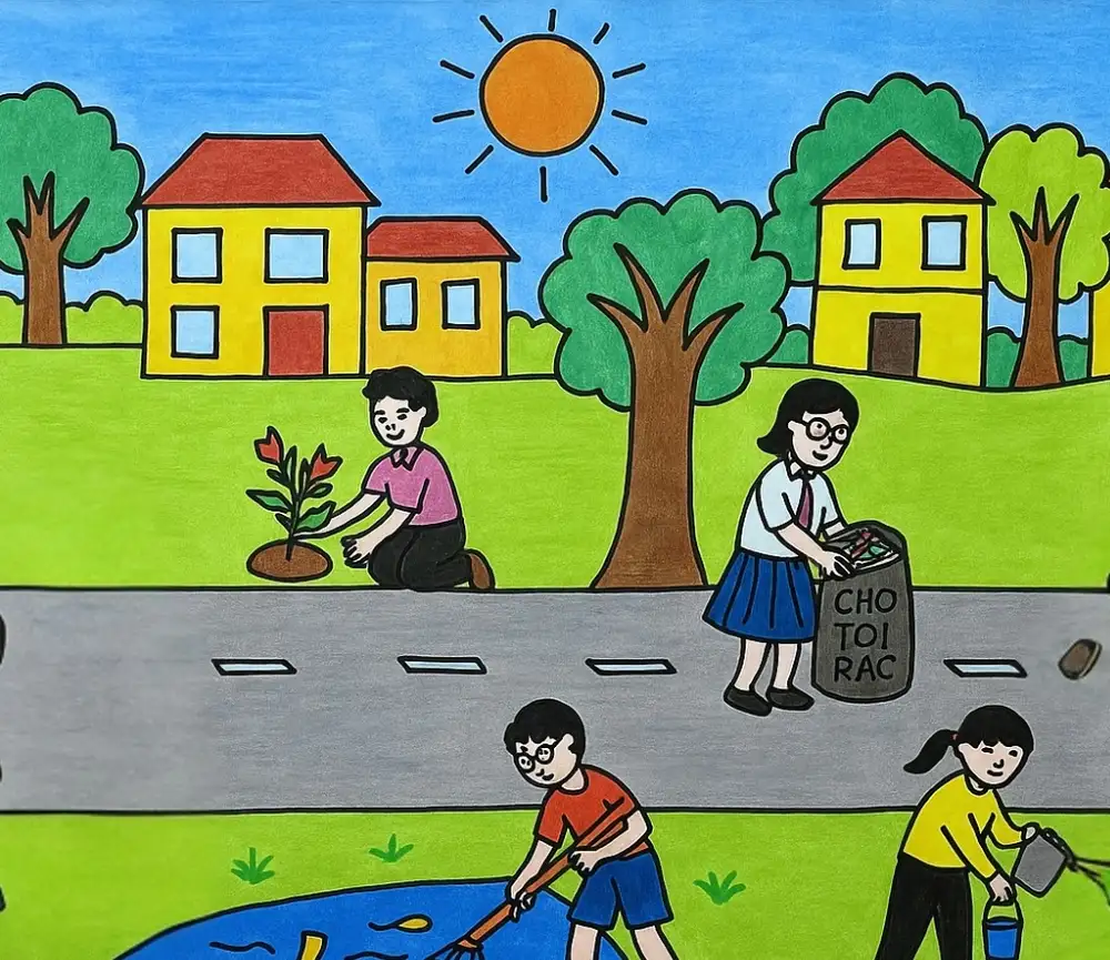 vẽ tranh dọn dẹp khu phố sạch đẹp 