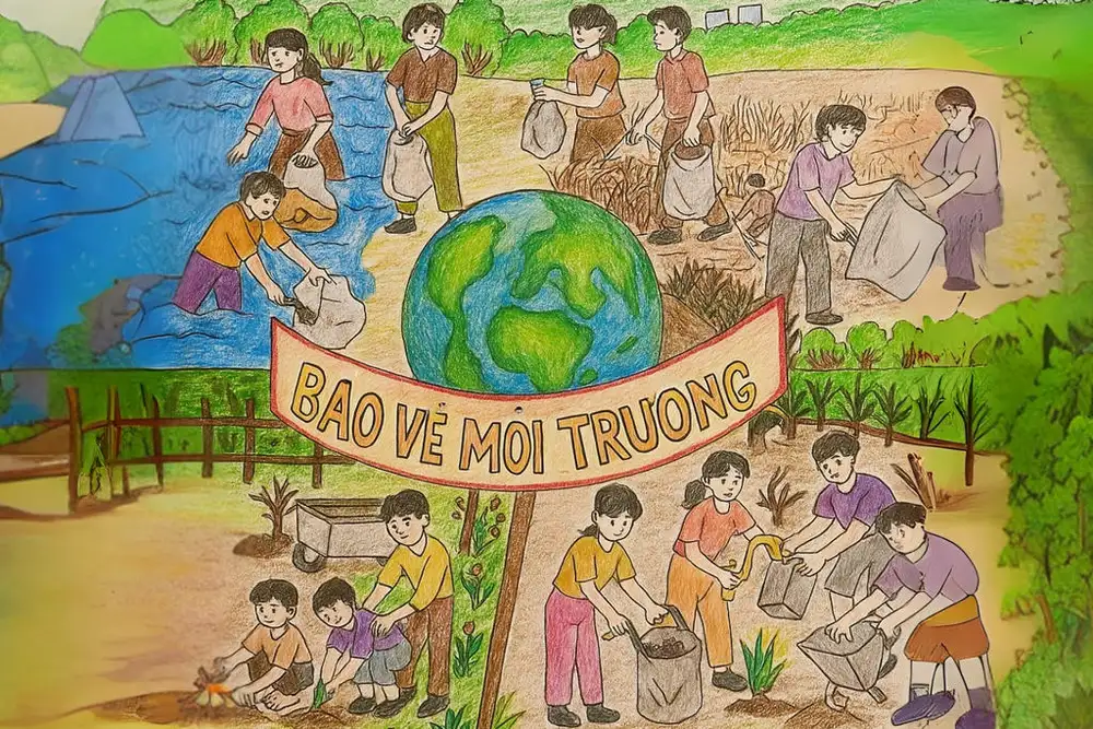 tranh vẽ nhặt rác bảo vệ môi trường 