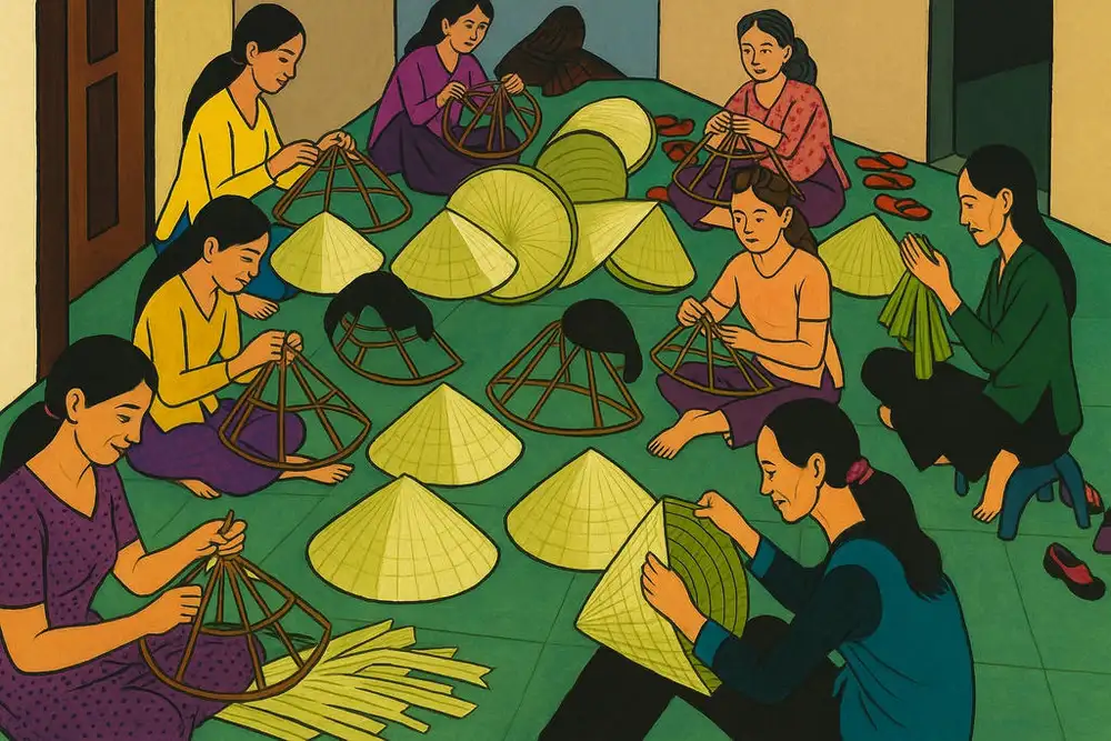 tranh vẽ làng nghề nón lá 