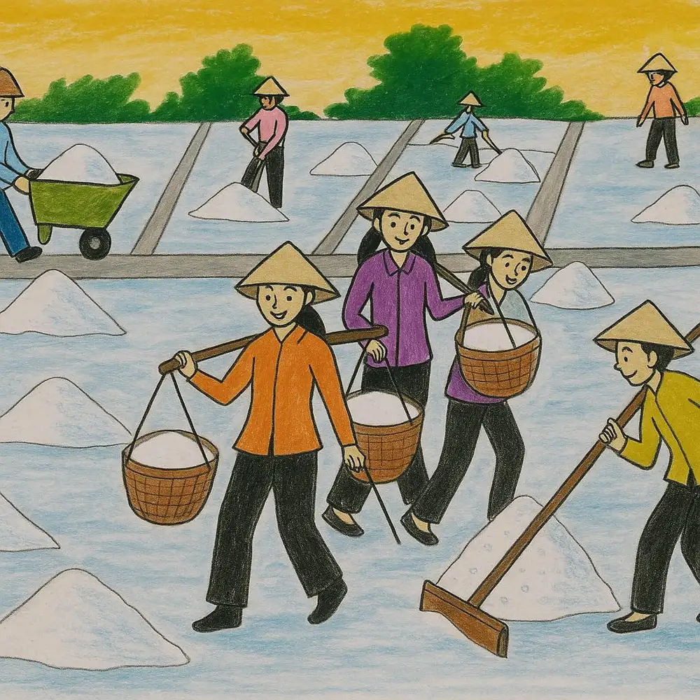 tranh vẽ nghề làm muối biển truyền thống 