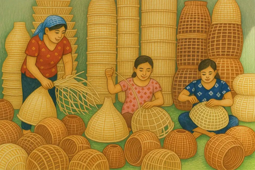 tranh vẽ nghề đan lát truyền thống độc đáo 