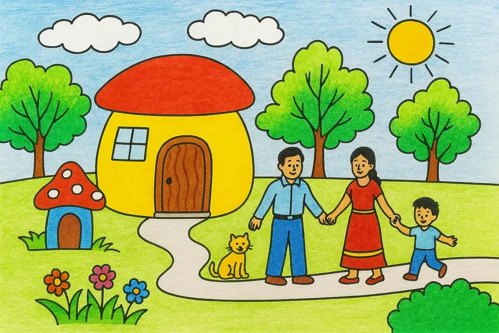 vẽ ngôi nhà trong tranh lớp 7 đơn giản. 