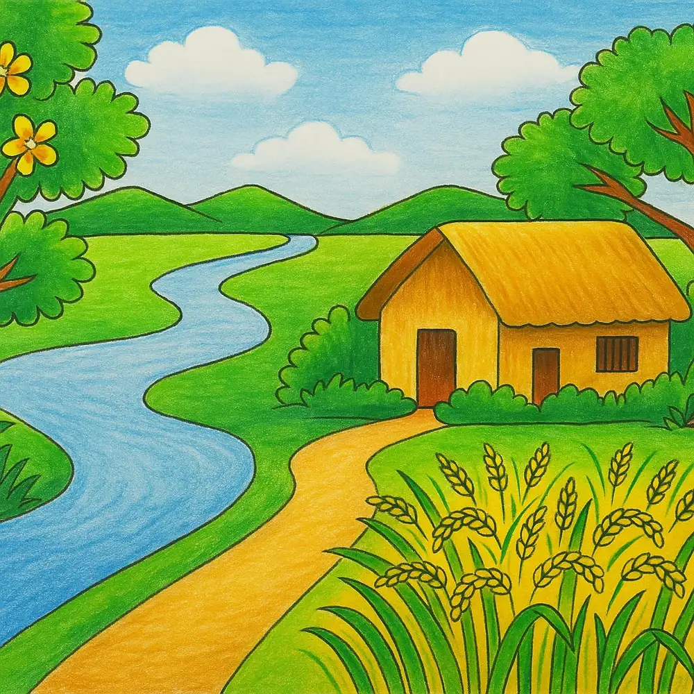 phong cảnh tranh vẽ cảnh bình minh trên đồng 
