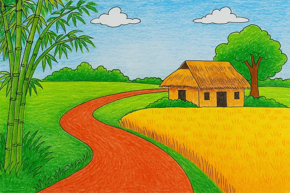 tranh vẽ phong cảnh quê hương với mái nhà tranh 
