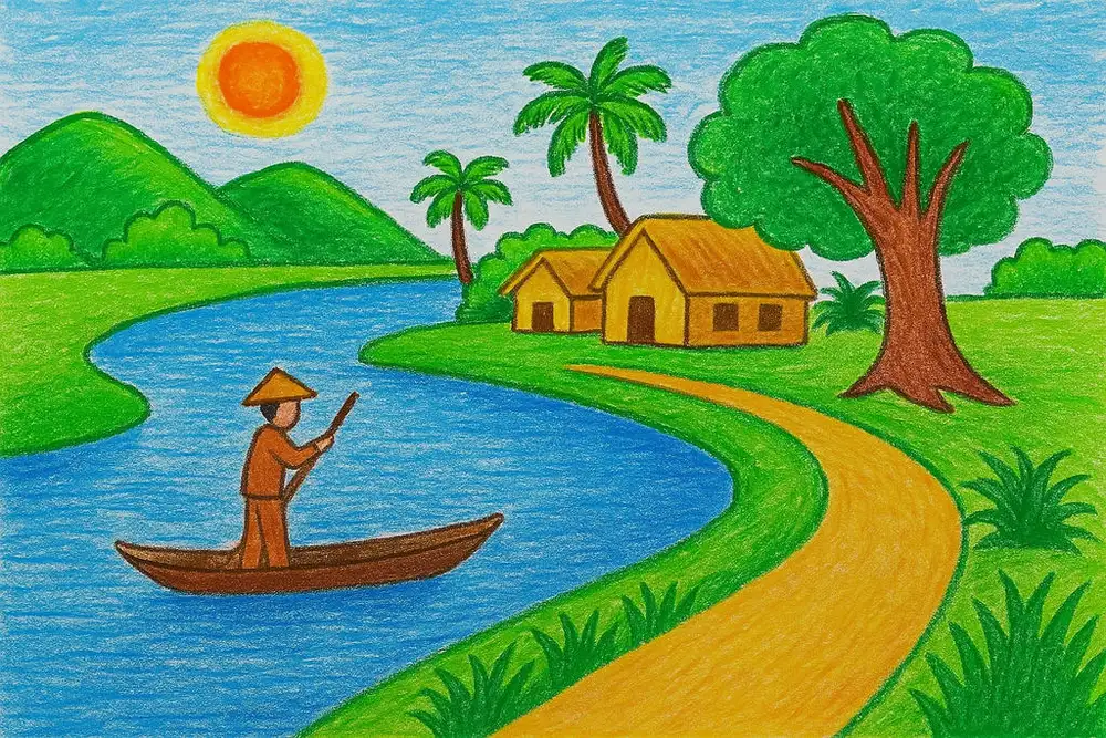 tranh vẽ phong cảnh quê hương bình dị mộc mạc 