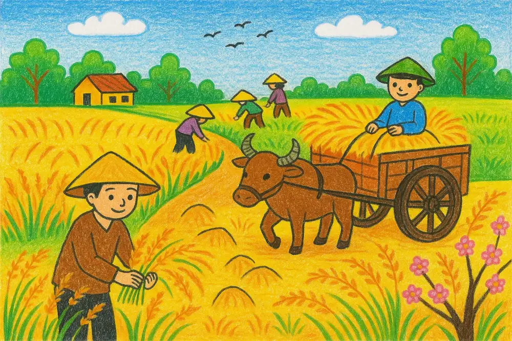 tranh vẽ cảnh đẹp quê hương đồng quê yên ả 