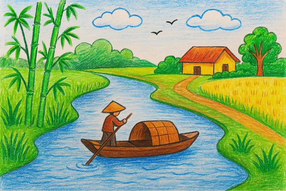 tranh vẽ cảnh đẹp quê hương gắn với tuổi thơ 
