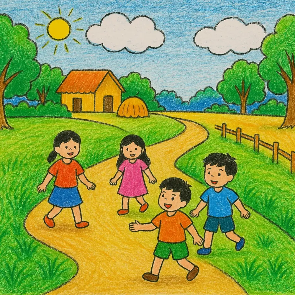 tranh vẽ quê hương em với mái nhà 