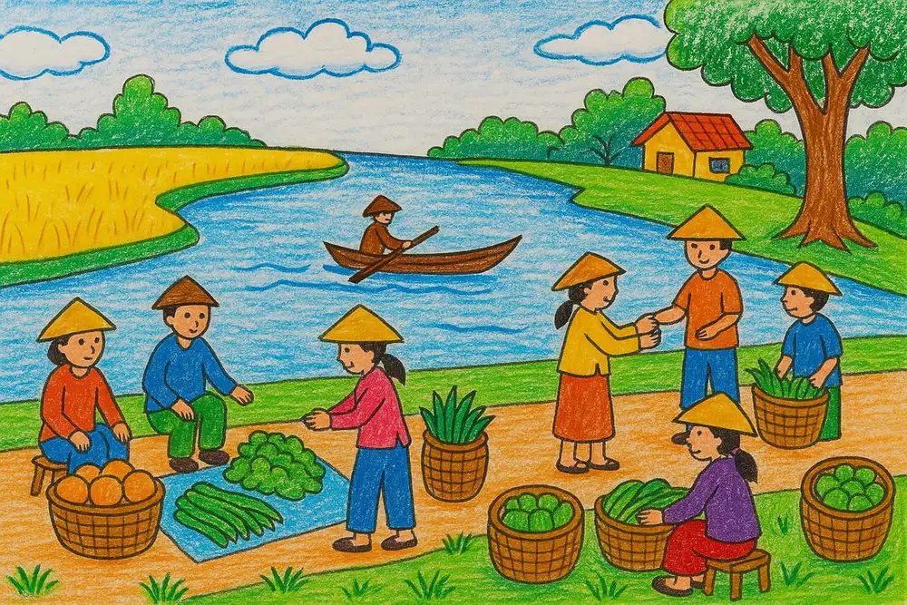 tranh vẽ cảnh đẹp quê hương với thiên nhiên trù phú 