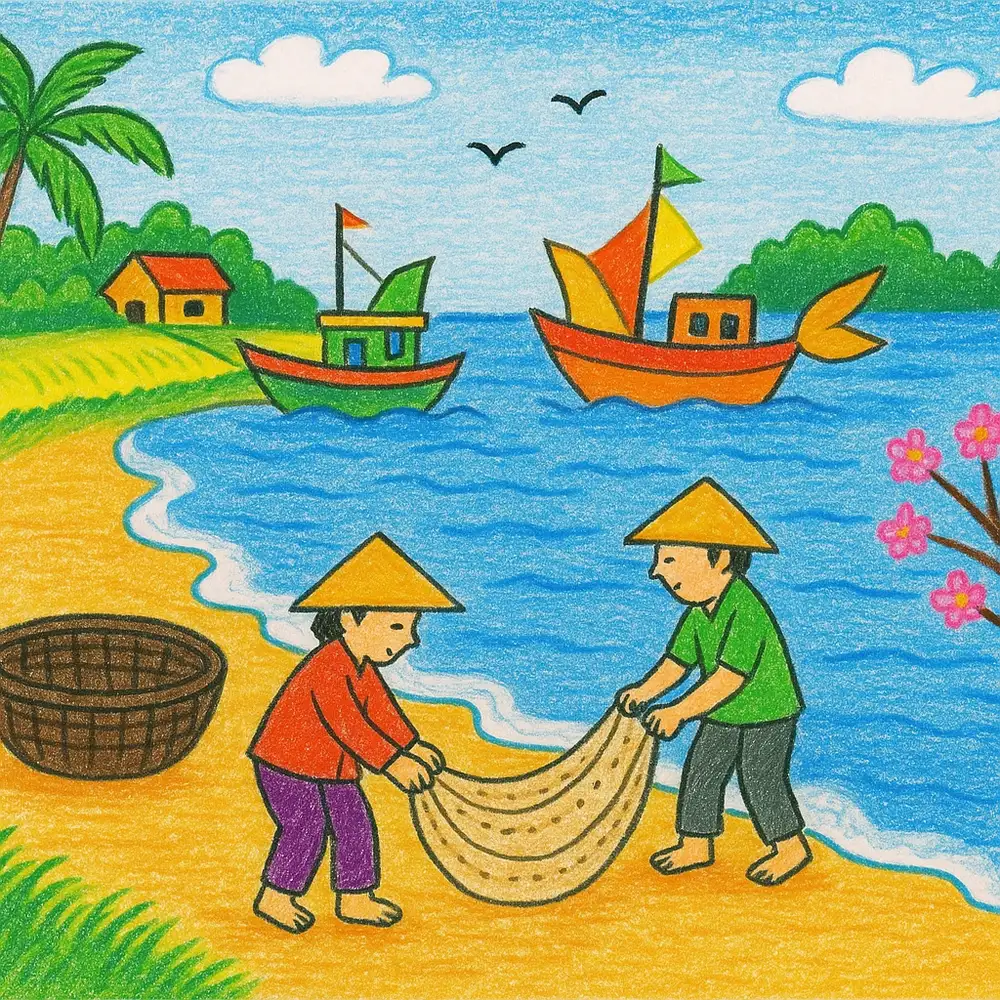tranh vẽ cảnh đẹp quê hương làng chài 