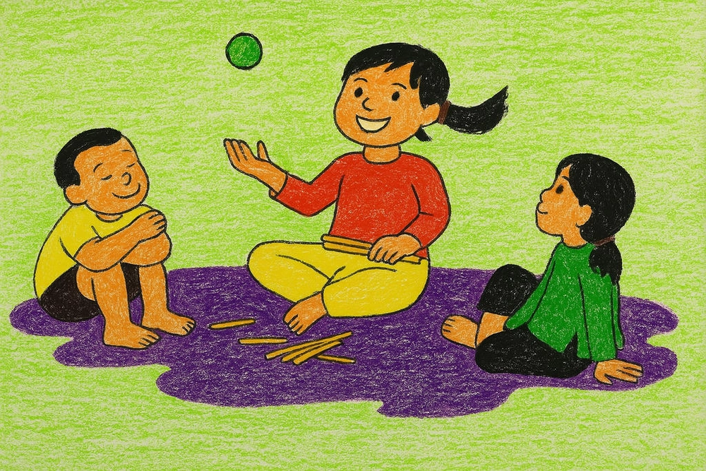 tranh vẽ trò chơi dân gian đánh chuyền khéo léo 