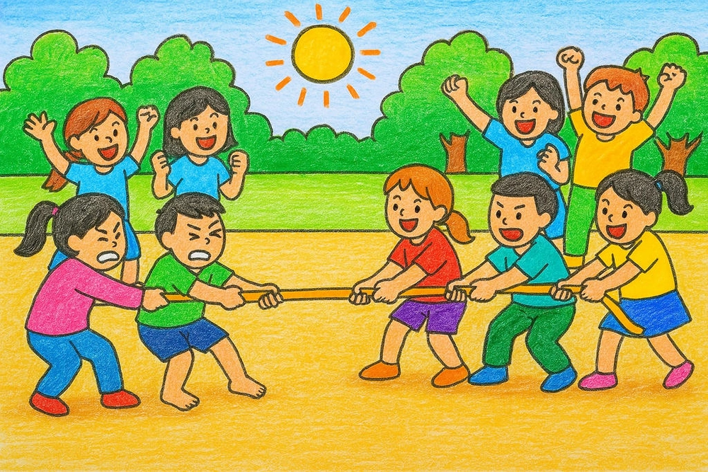 vẽ tranh trò chơi dân gian kéo co giữa sân đình 