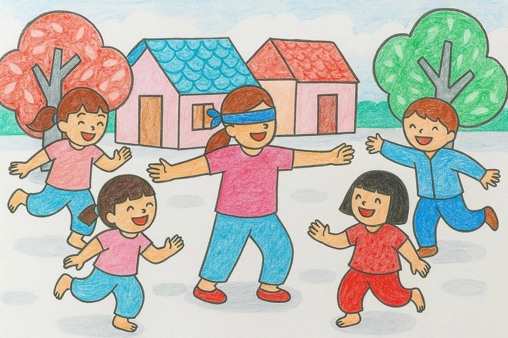 vẽ tranh trò chơi dân gian bịt mắt bắt dê náo nhiệt 
