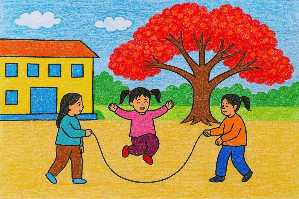 tranh vẽ trò chơi dân gian nhảy dây đơn giản 