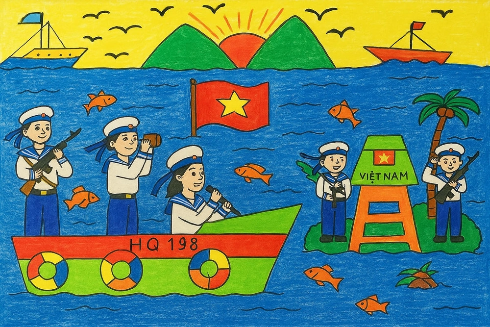 tranh vẽ biển đảo việt nam có tàu cá 