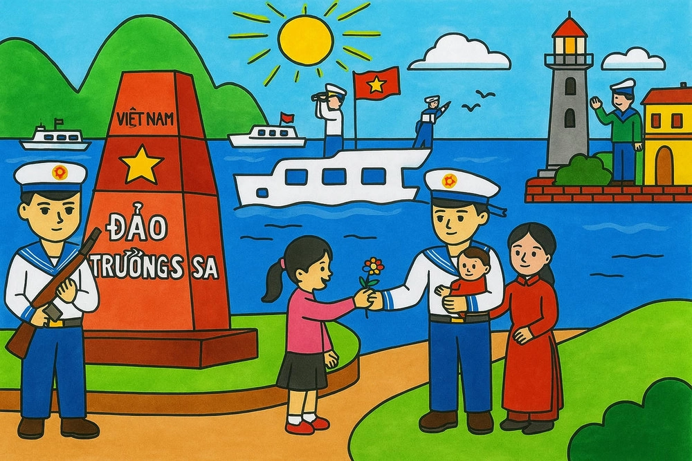 tranh vẽ biển đảo quê hương với cột mốc 