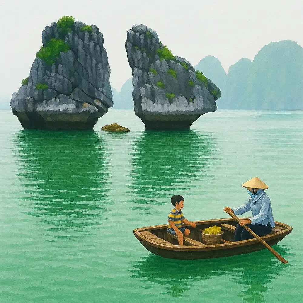 tranh vẽ vịnh hạ long vào lúc bình minh 