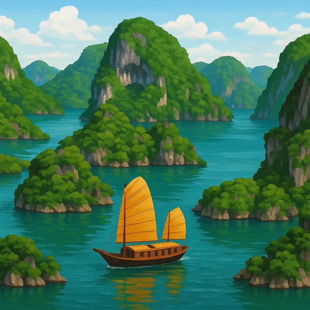 tranh vẽ vịnh hạ long với những hòn đảo đá vôi 