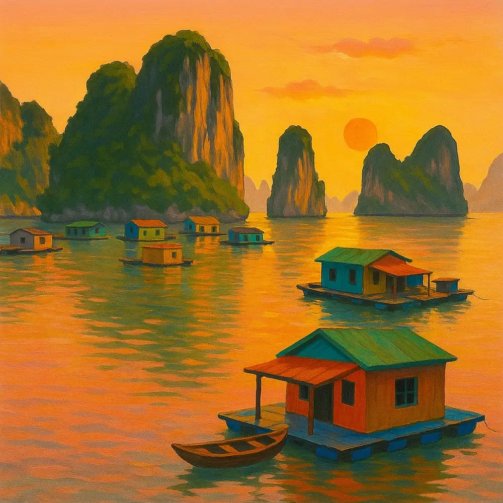 tranh vẽ vịnh hạ long cảnh hoàng hôn 