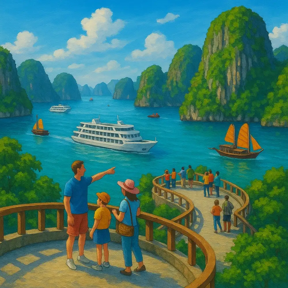 tranh vẽ vịnh hạ long dưới ánh chiều tà 