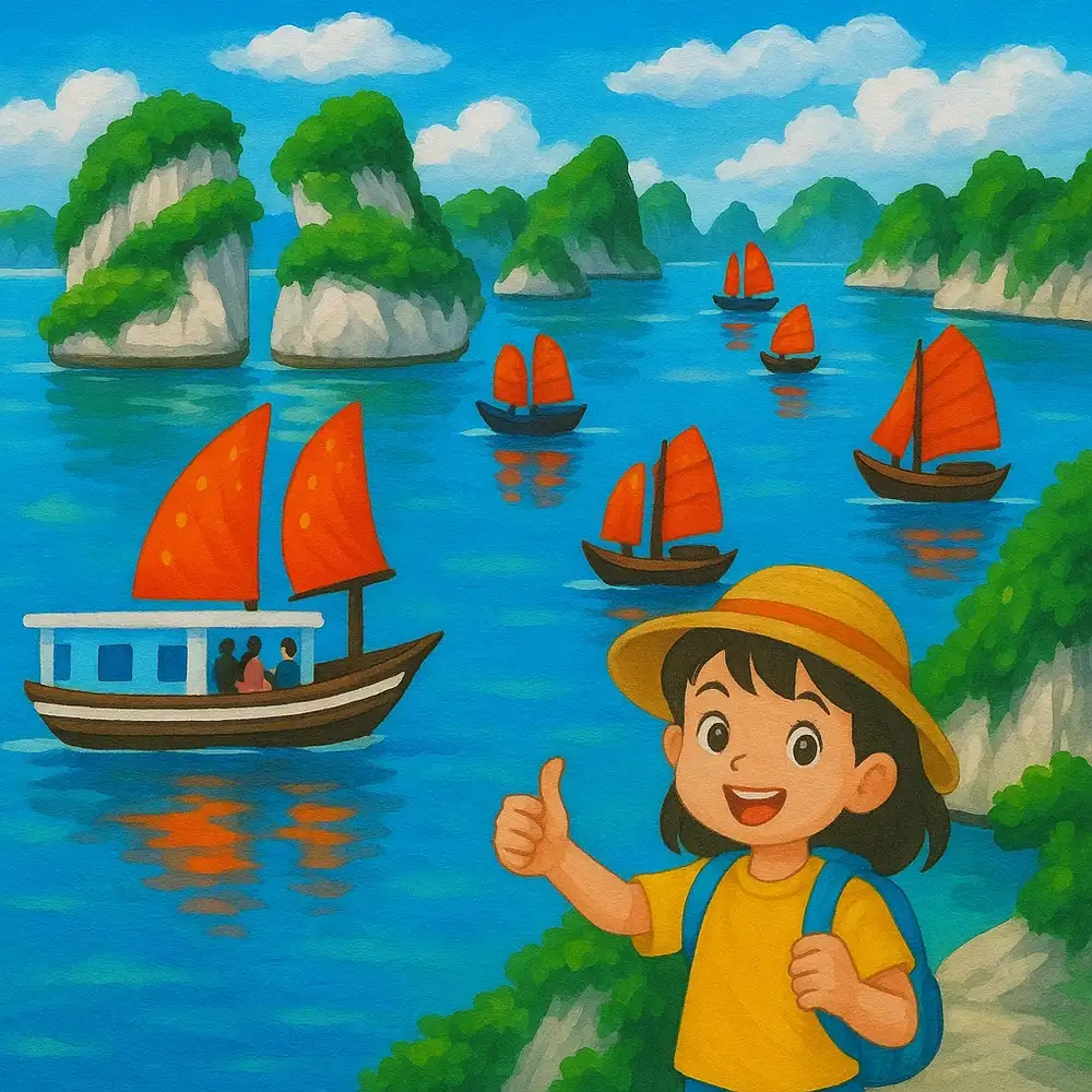 tranh vẽ vịnh hạ long với khung cảnh thiên nhiên hùng vĩ 