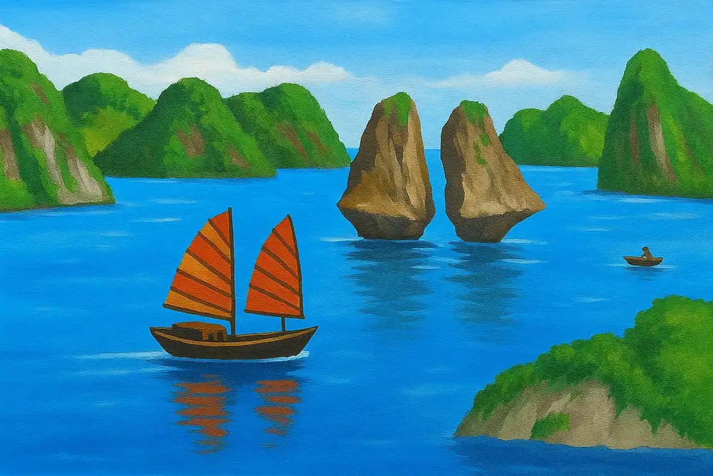 tranh vẽ vịnh hạ long với gam màu ấm áp 