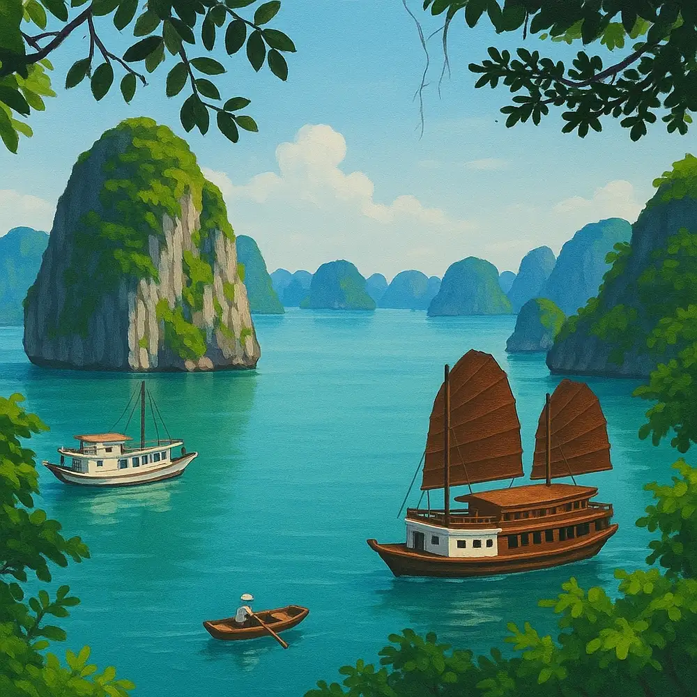 tranh vẽ vịnh hạ long theo phong cách truyền thống 