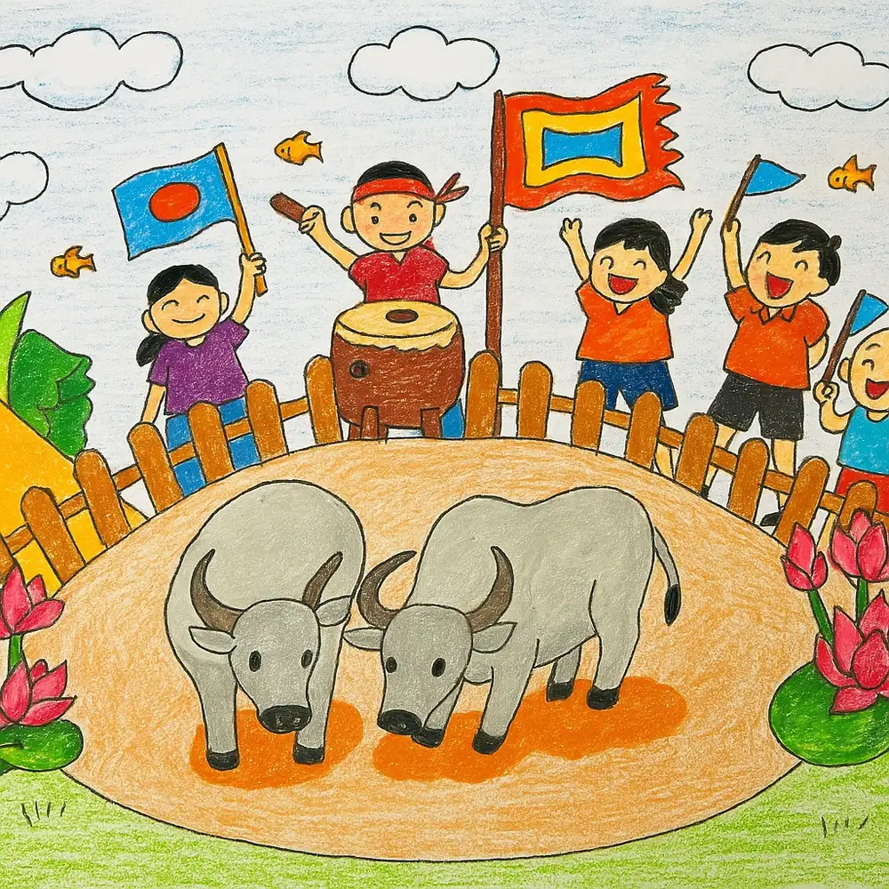 tranh vẽ lễ hội chọi trâu đẹp