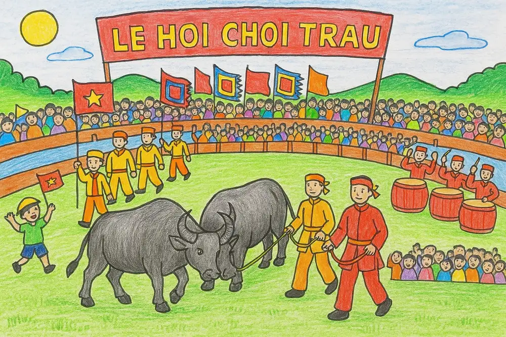 tranh vẽ lễ hội chọi trâu của thiếu nhi