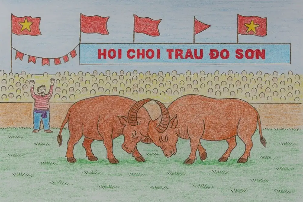 tranh vẽ lễ hội chọi trâu ở Việt Nam 