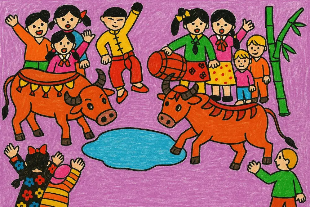 vẽ tranh chọi trâu trong lễ hội dân gian 