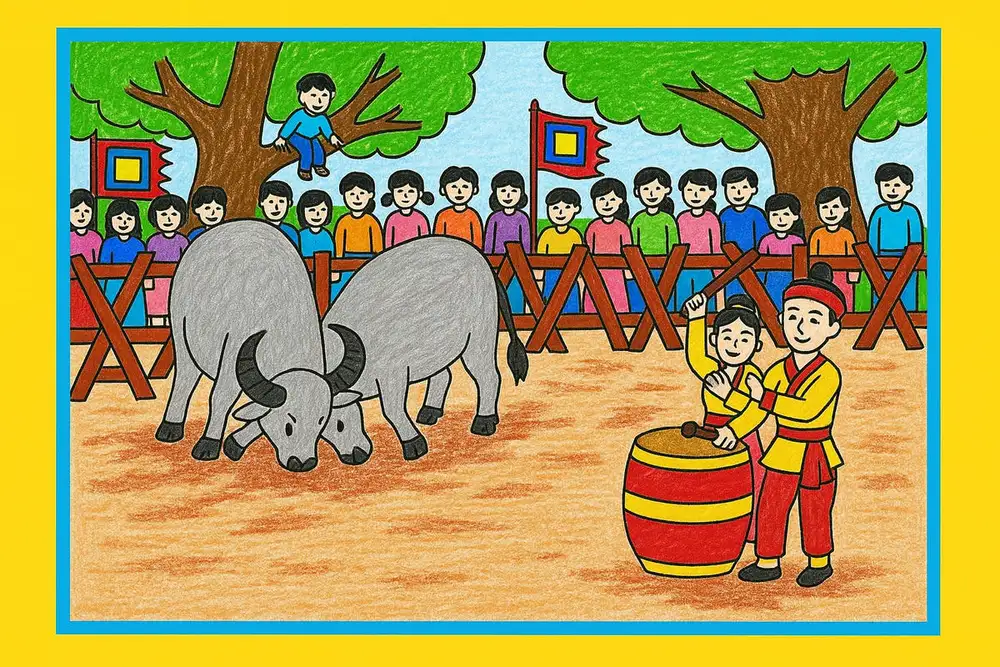lễ hội chọi trâu tranh vẽ mô phỏng sinh động 