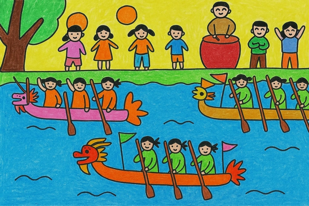 vẽ tranh đua thuyền đơn giản, dễ vẽ 